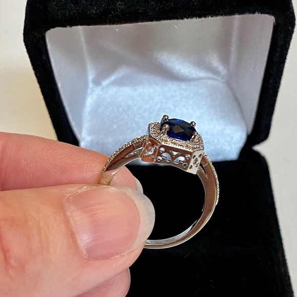 925 Sterling Silver Blue CZ Diamond Halo Ring - Picture 8 of 14